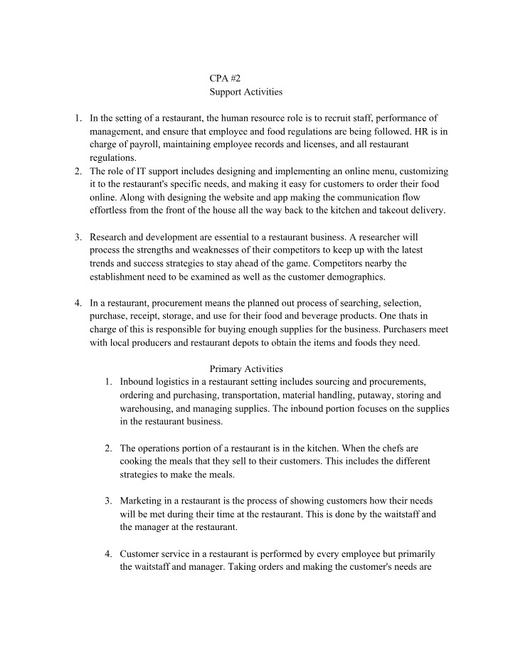 Support Activities for CPA #2