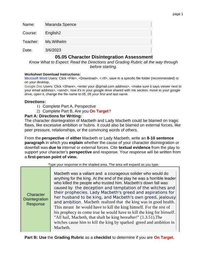 Character Disintegration Assessment (05.05)