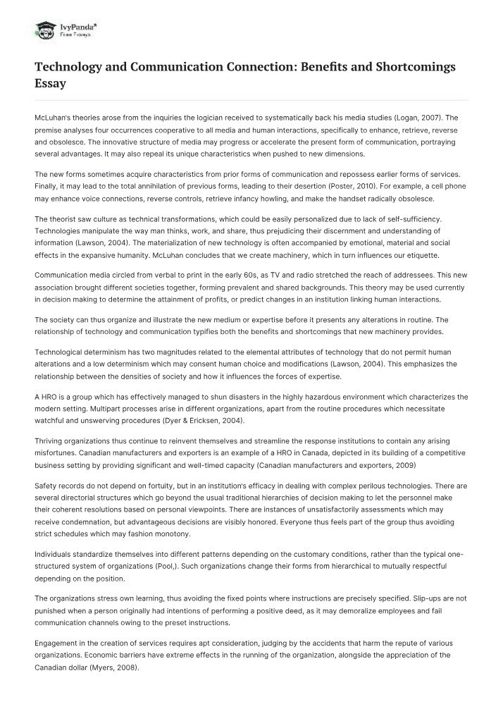 Benefits and Shortcomings of the Technology and Communication Connection
