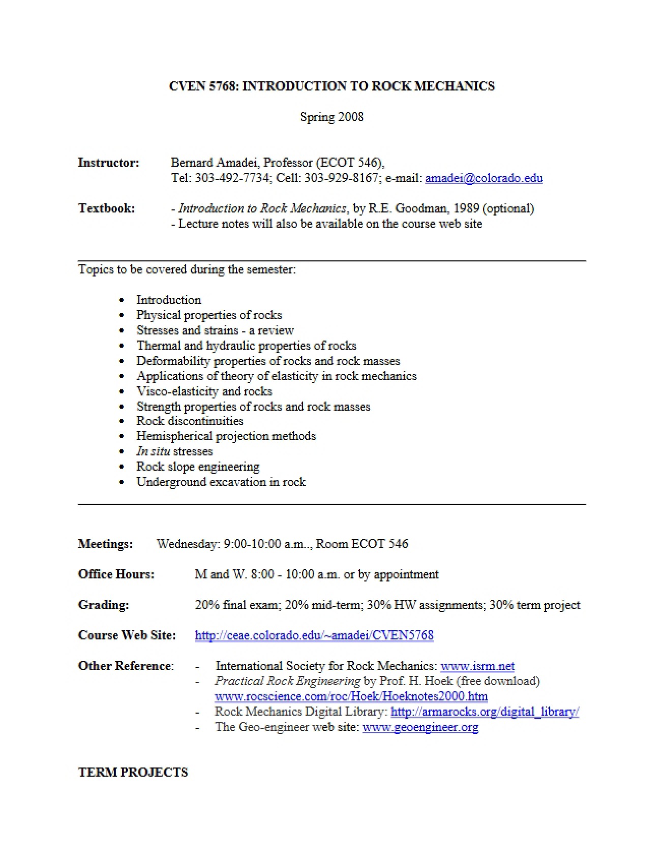 Syllabus for Introduction to Rock Mechanics