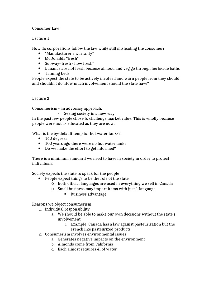 Lecture Notes for Consumer Law