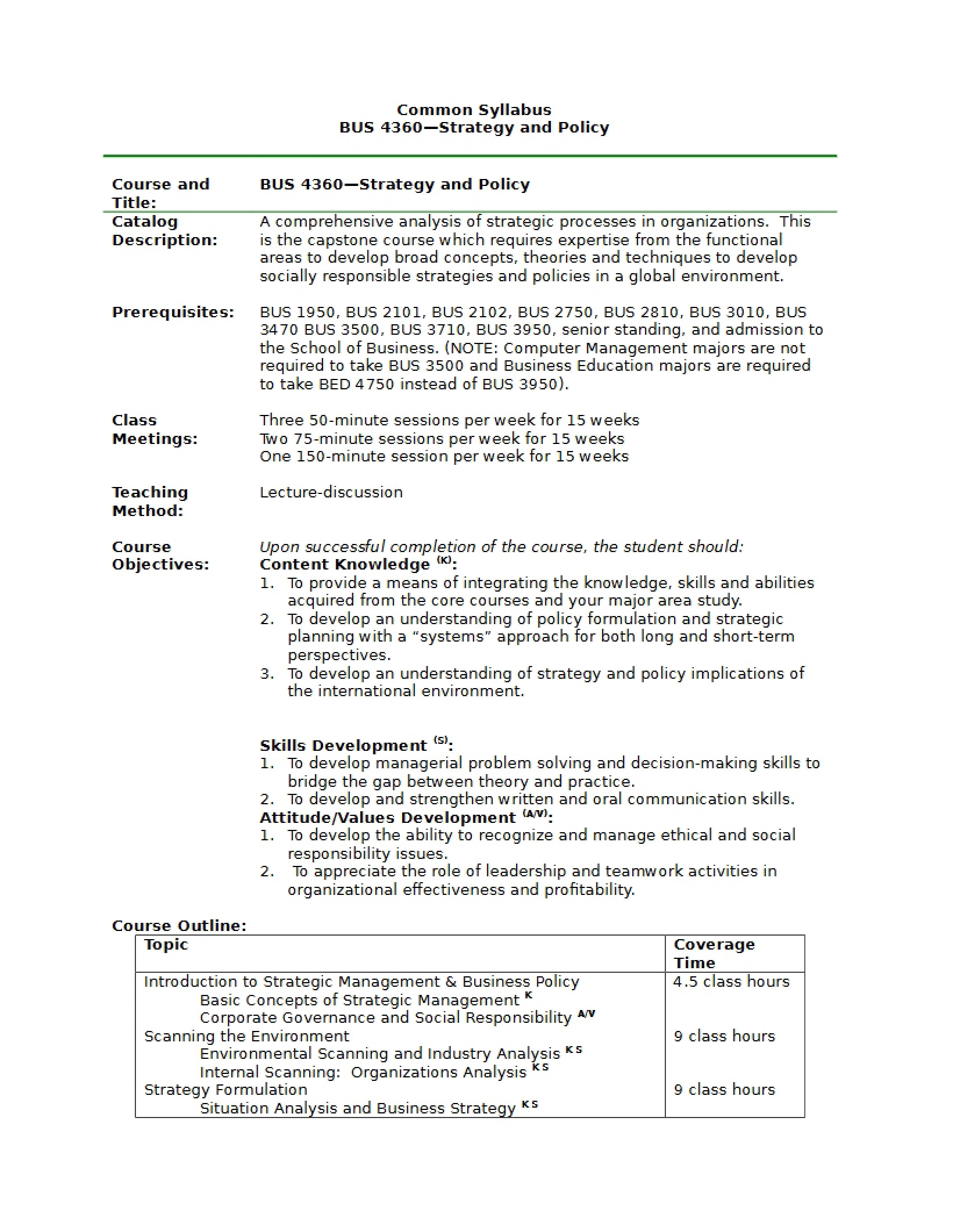 Common Syllabus for Strategy and Policy