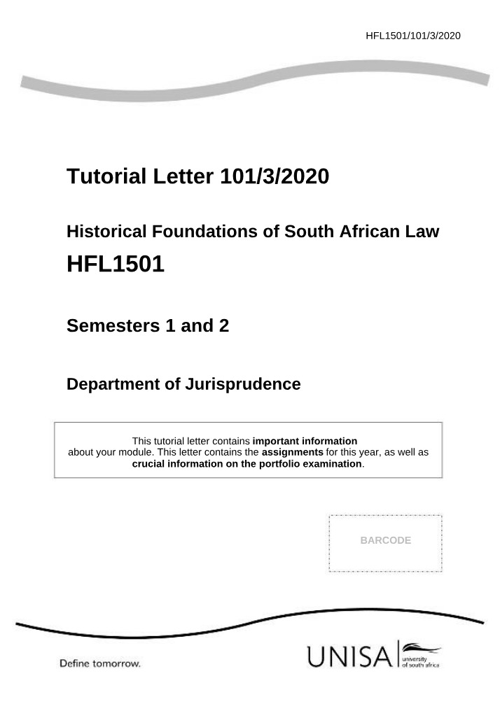 2020 Tutorial Letter 101 for HFL1501