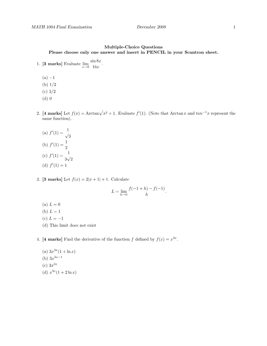 December 2008 Final Examination - MATH 1004
