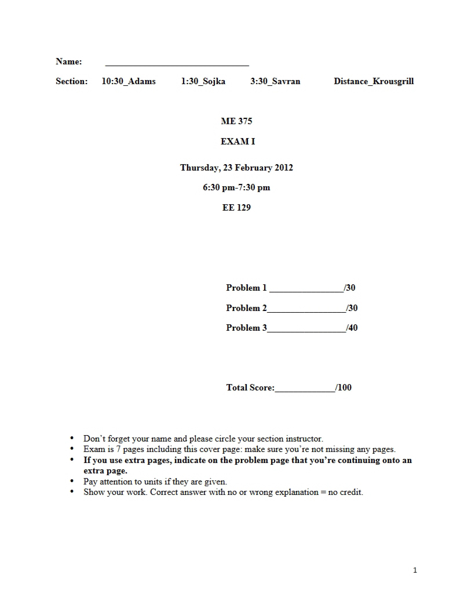 Exam One (Spring 2012)