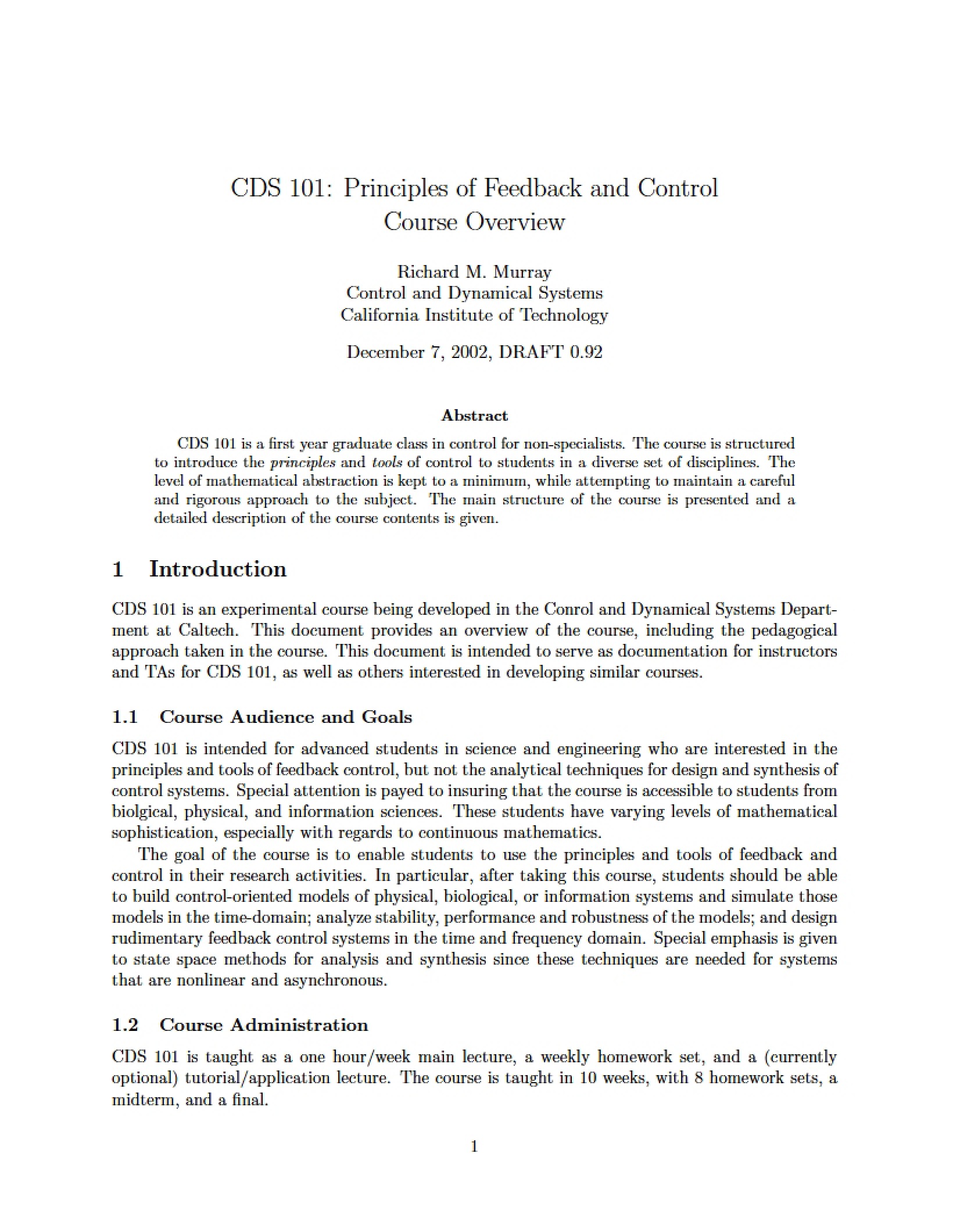 Course Overview Principles of Feedback and Control