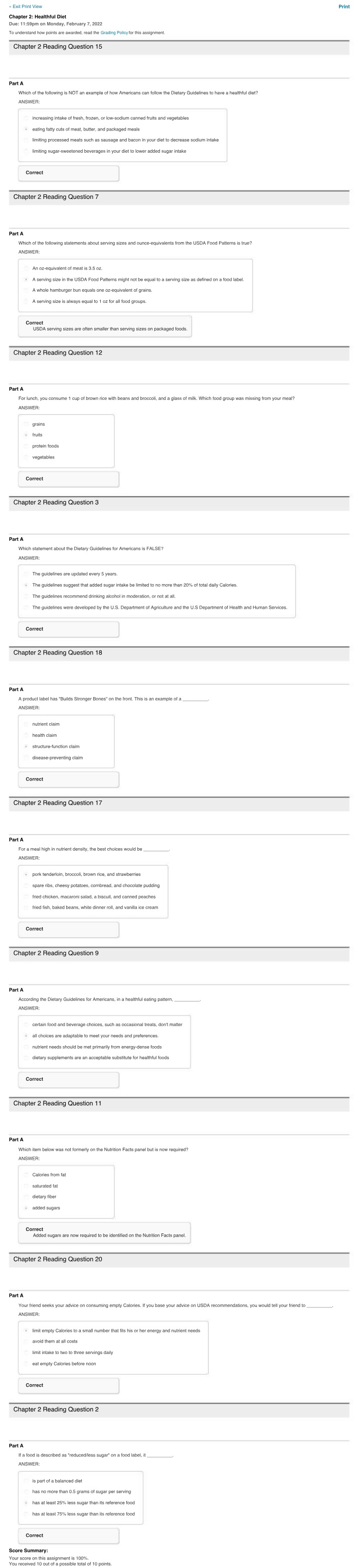 Chapter 2 Healthful Diet - Reading Questions and Answers