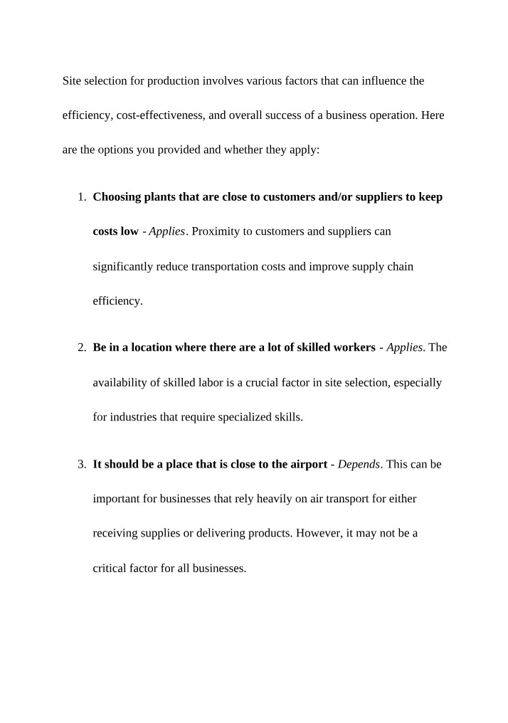 Site Selection Factors for Production Operations
