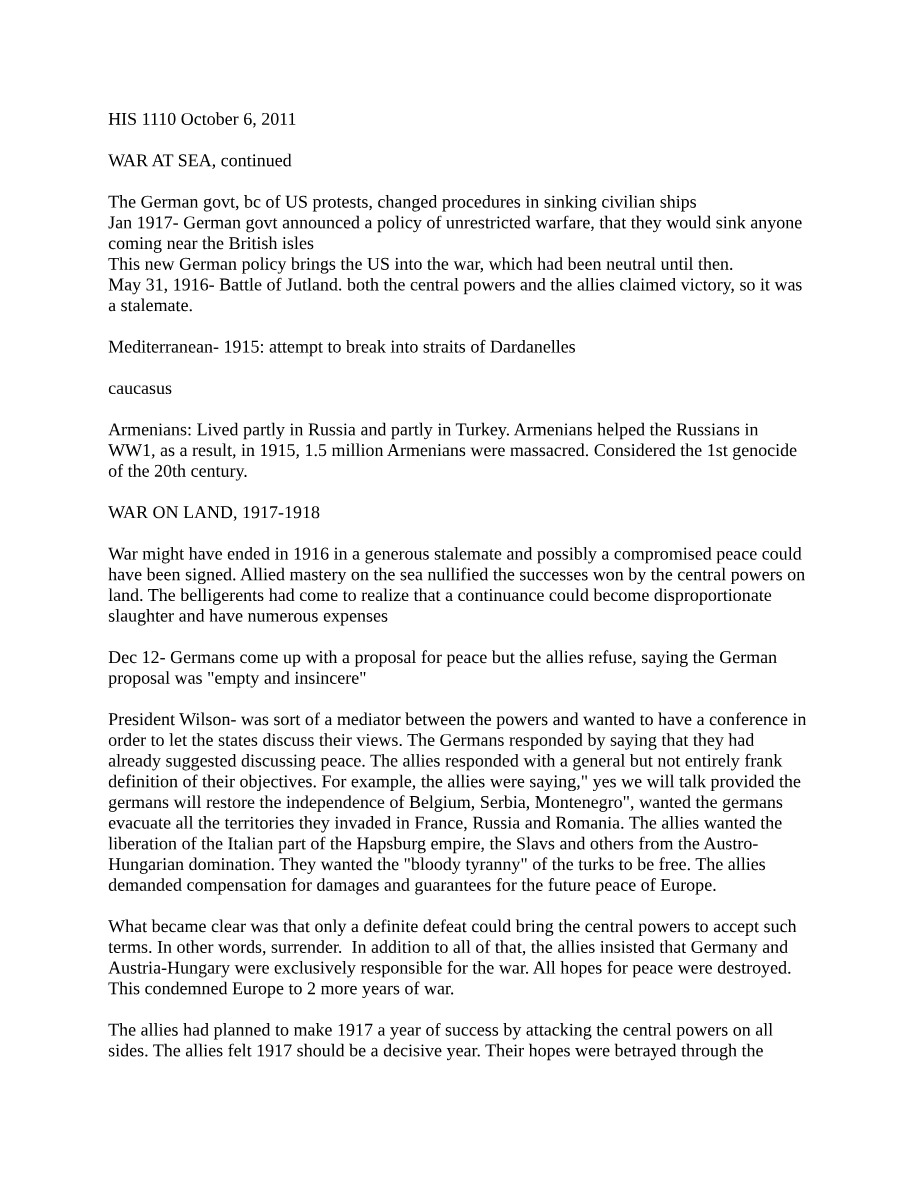 HIS 1110 - Lecture from October 6, 2011