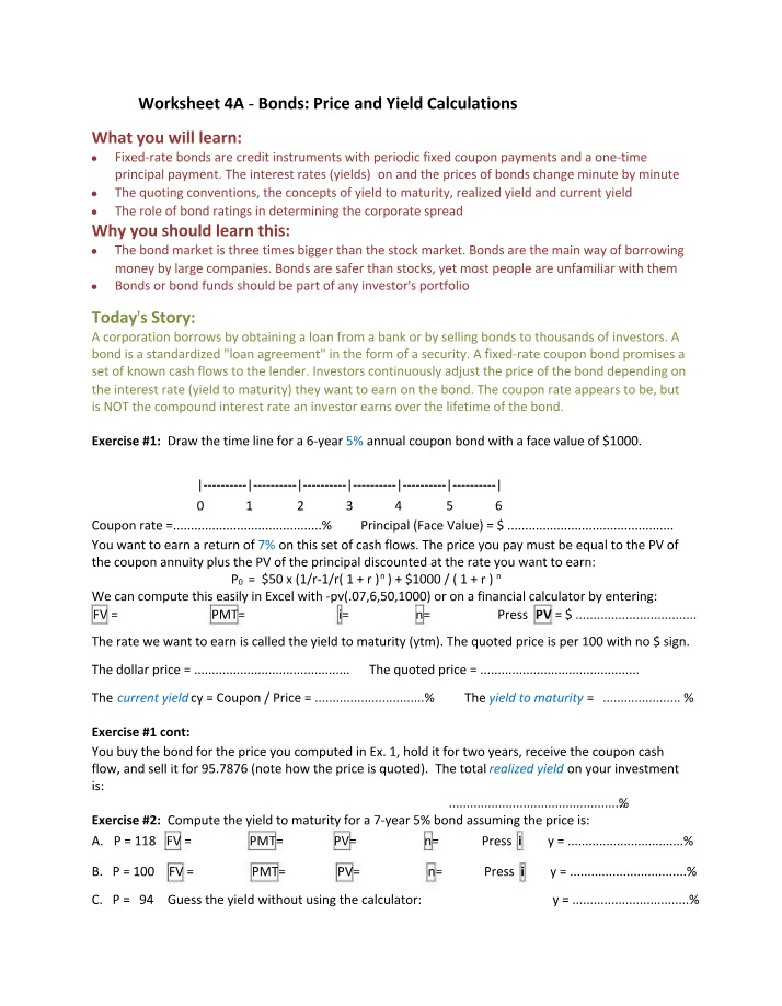 Worksheet 4A - Bond Price and Yield Calculations
