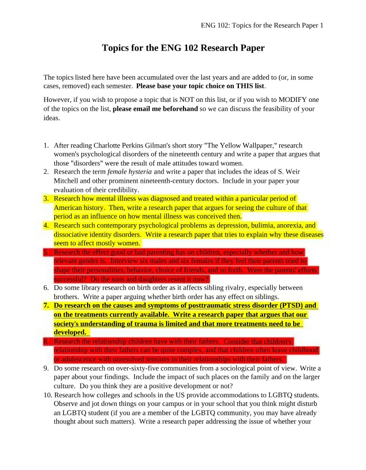 Psychological Research Paper Topics for ENG 102