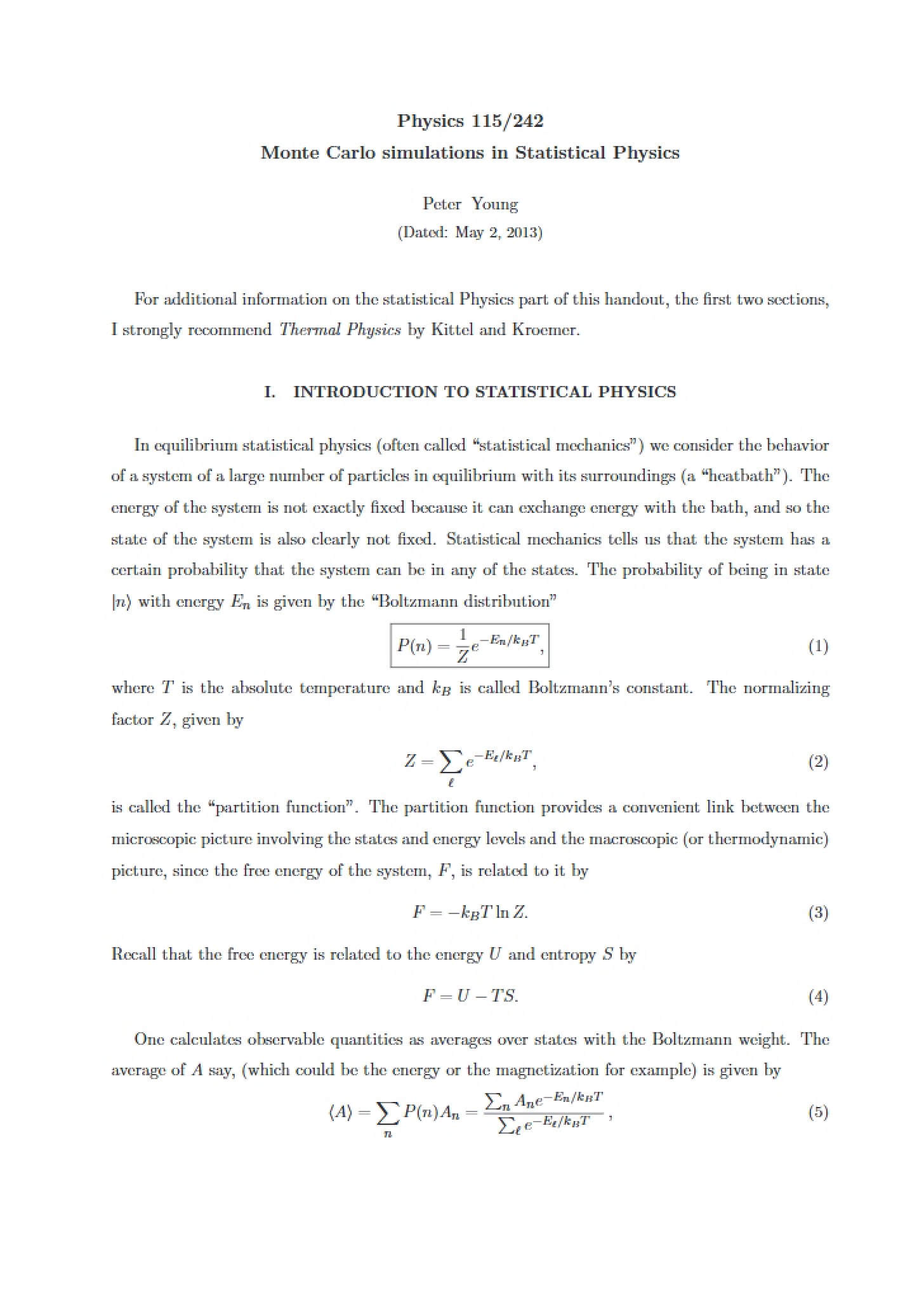 Statistical Physics Monte Carlo Simulations
