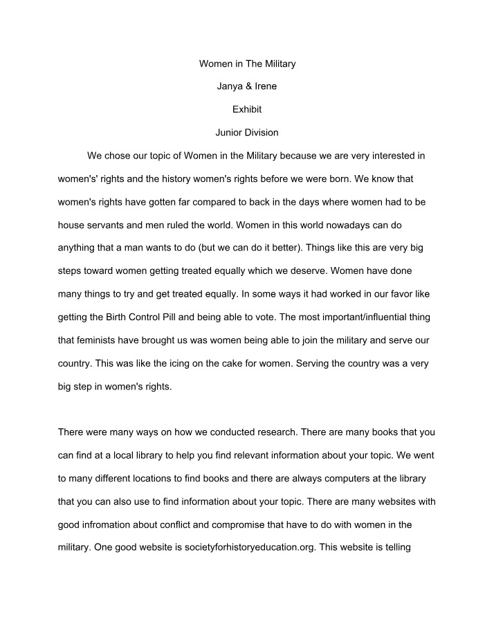 Junior Division - Women in the Military Exhibit
