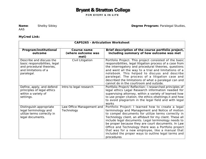 Articulation Worksheet for CAPS265 Paralegal Studies AAS Portfolio
