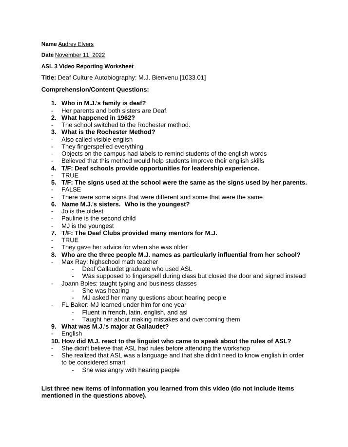 Worksheet for ASL 3 Video Reporting