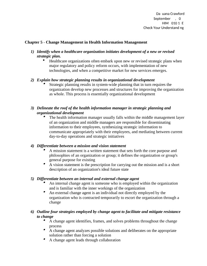 Review Questions - Change Management and Legal Aspects of Healthcare