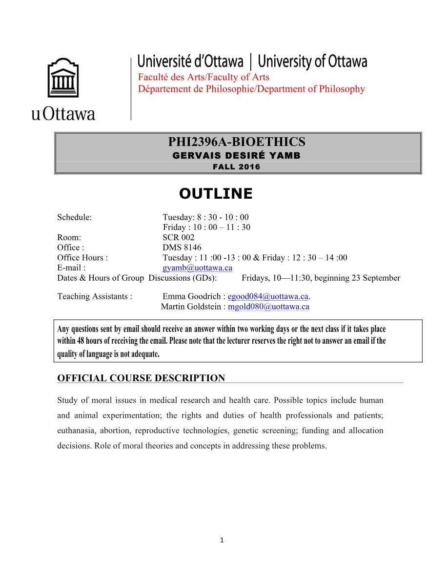 Bioethics Outline (PHI2396A)