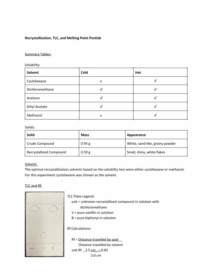 Postlab - Recrystallization, TLC, and Melting Point