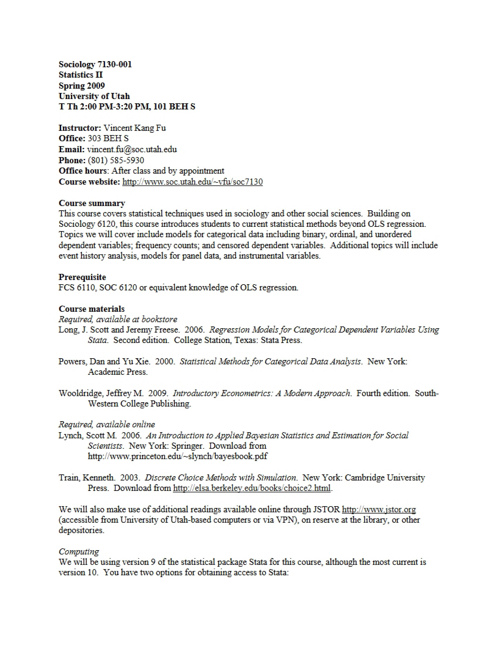 Syllabus for Statistics Two