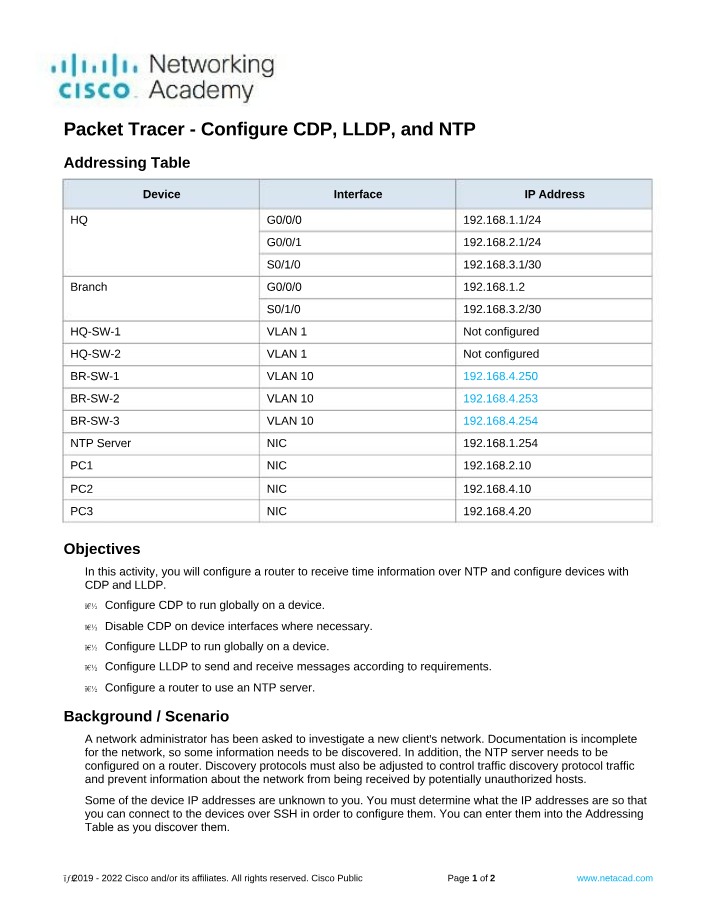 Configure CDP, LLDP, and NTP - Packet Tracer Lab