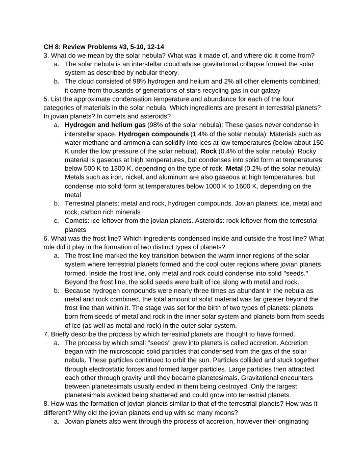 Planet Formation and Solar Nebula Review Problems