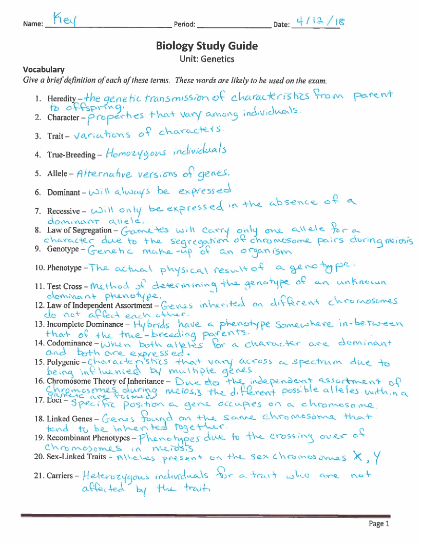 Answer Key for Genetics Study Guide