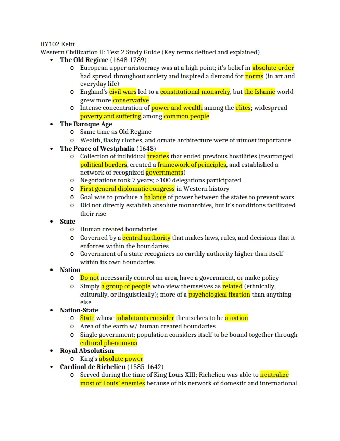 Study Guide Western Civ II Test 2