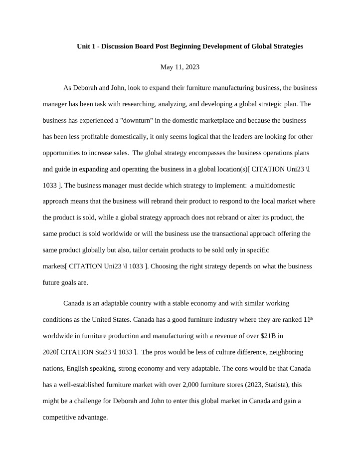 Developing Global Strategies - Unit 1 Discussion Board