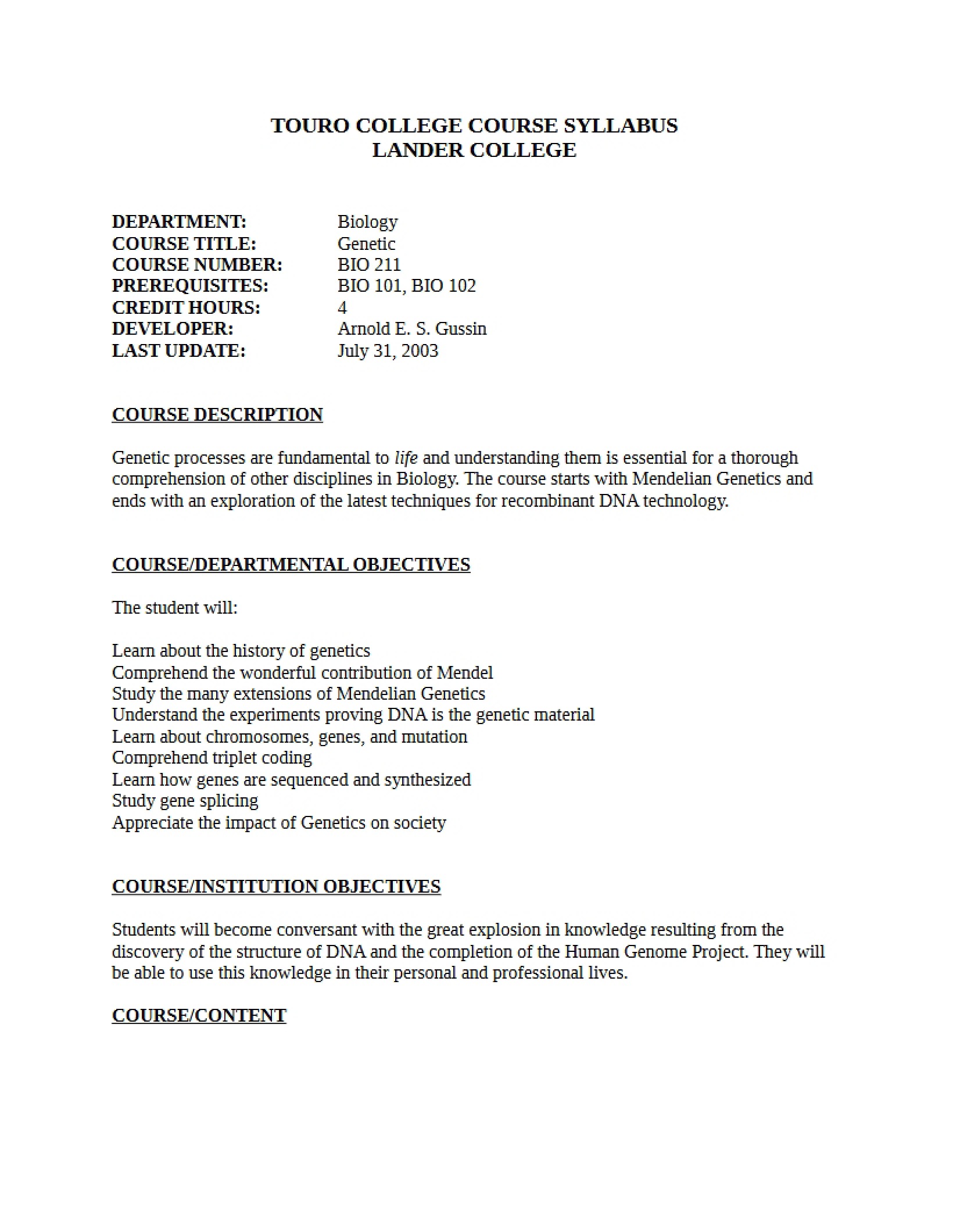 Genetics Syllabus
