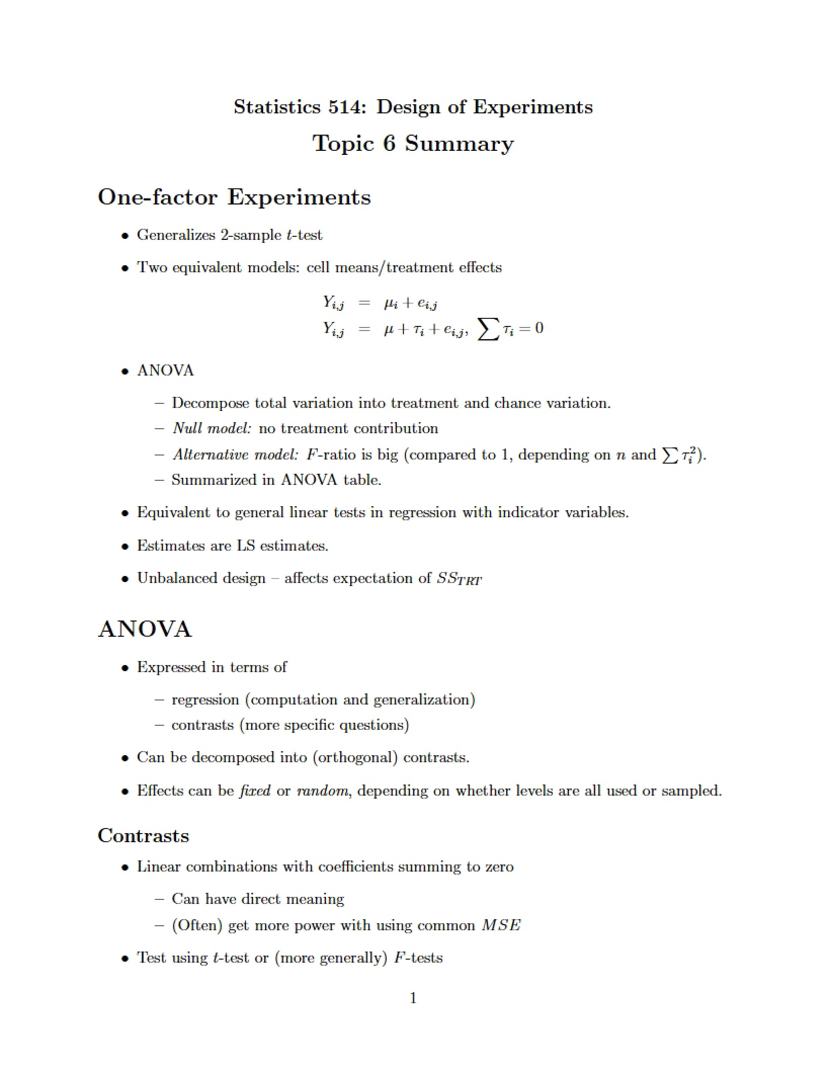 Experiments with One Factor