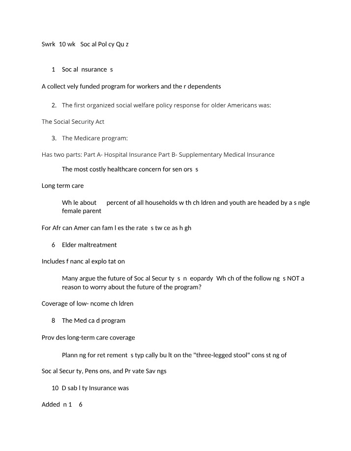 Quiz on Social Policy