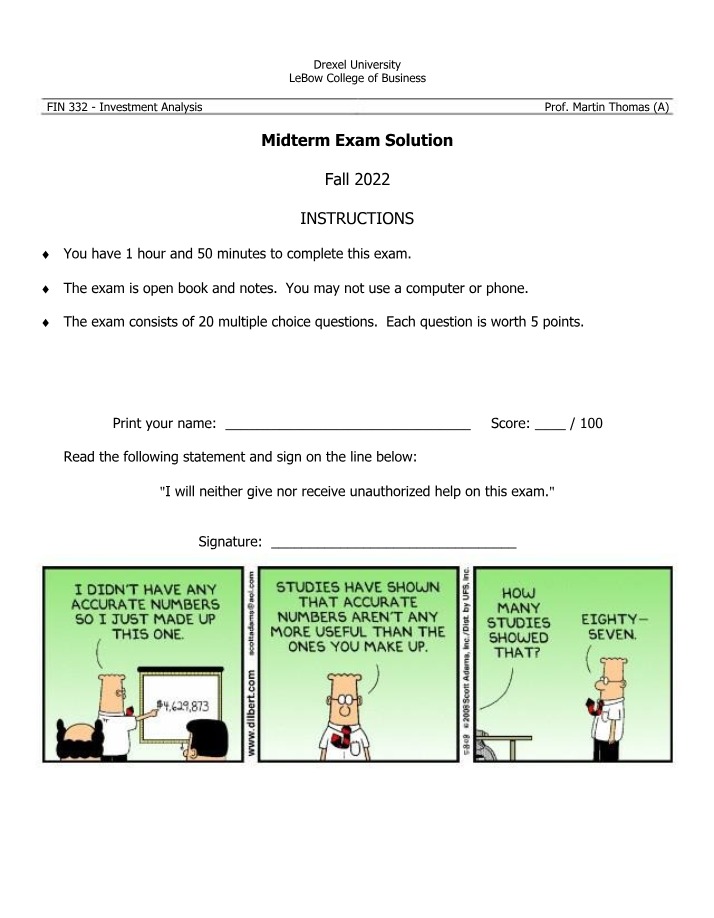 FIN 332 Midterm Exam Solution (Fall 2022)