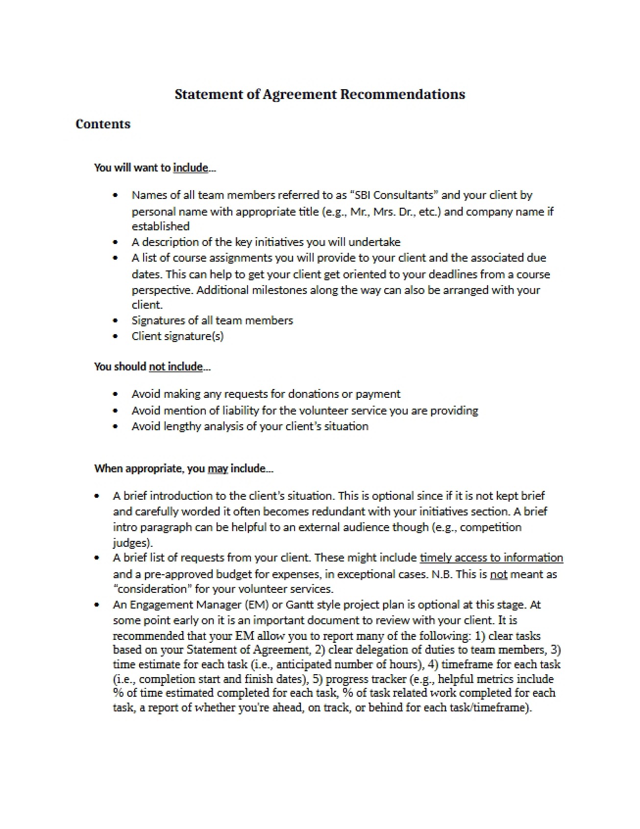 Recommendations for a Statement of Agreement