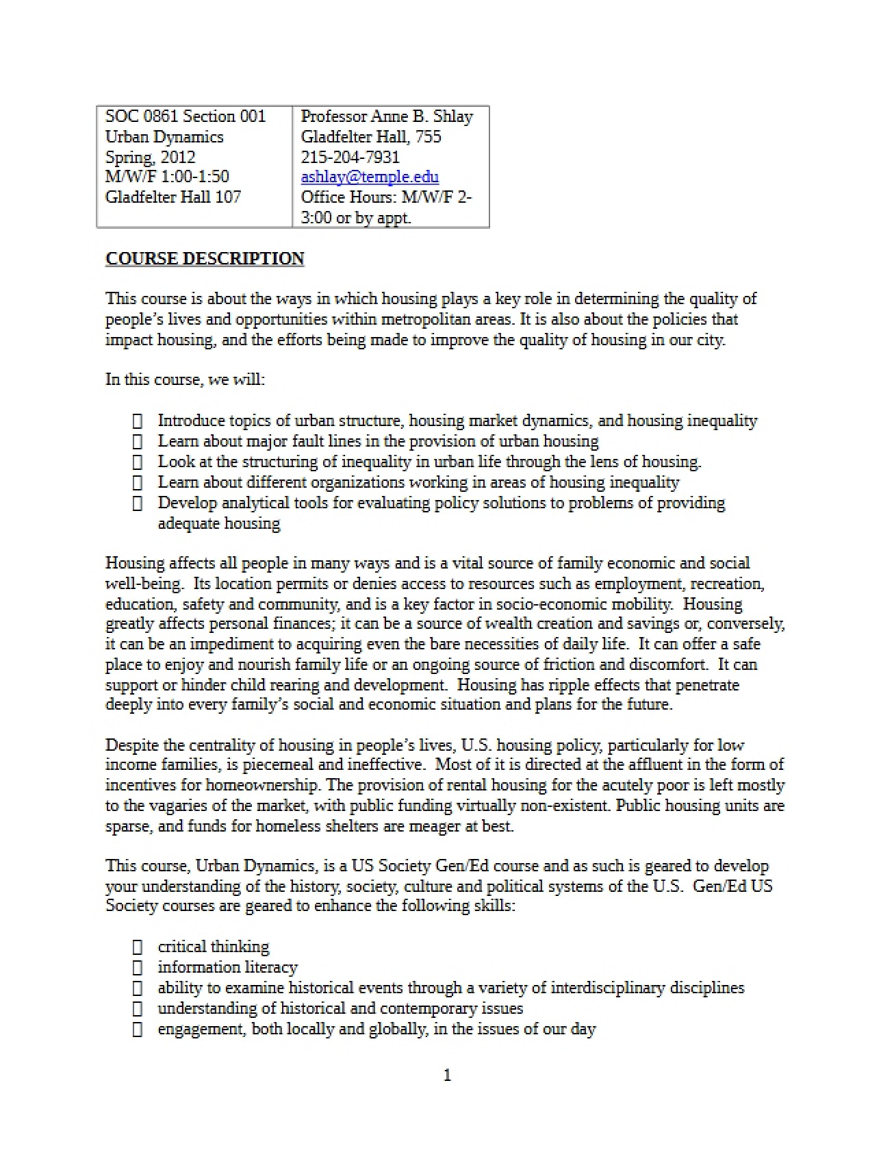 Syllabus for a Course on Urban Dynamics