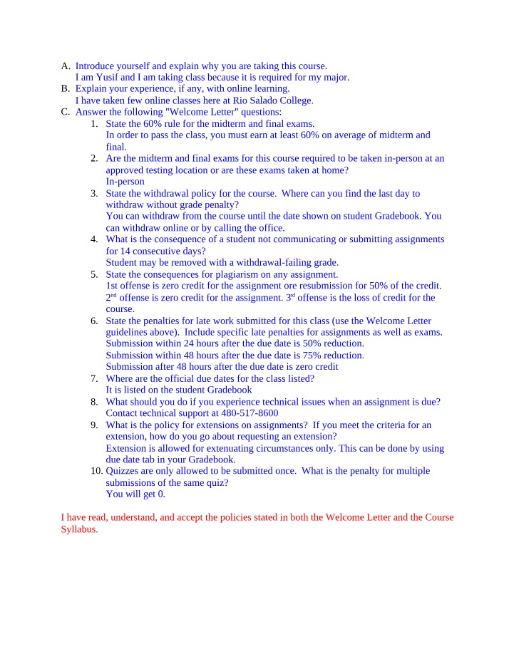 Response to CHM 130 Welcome Letter