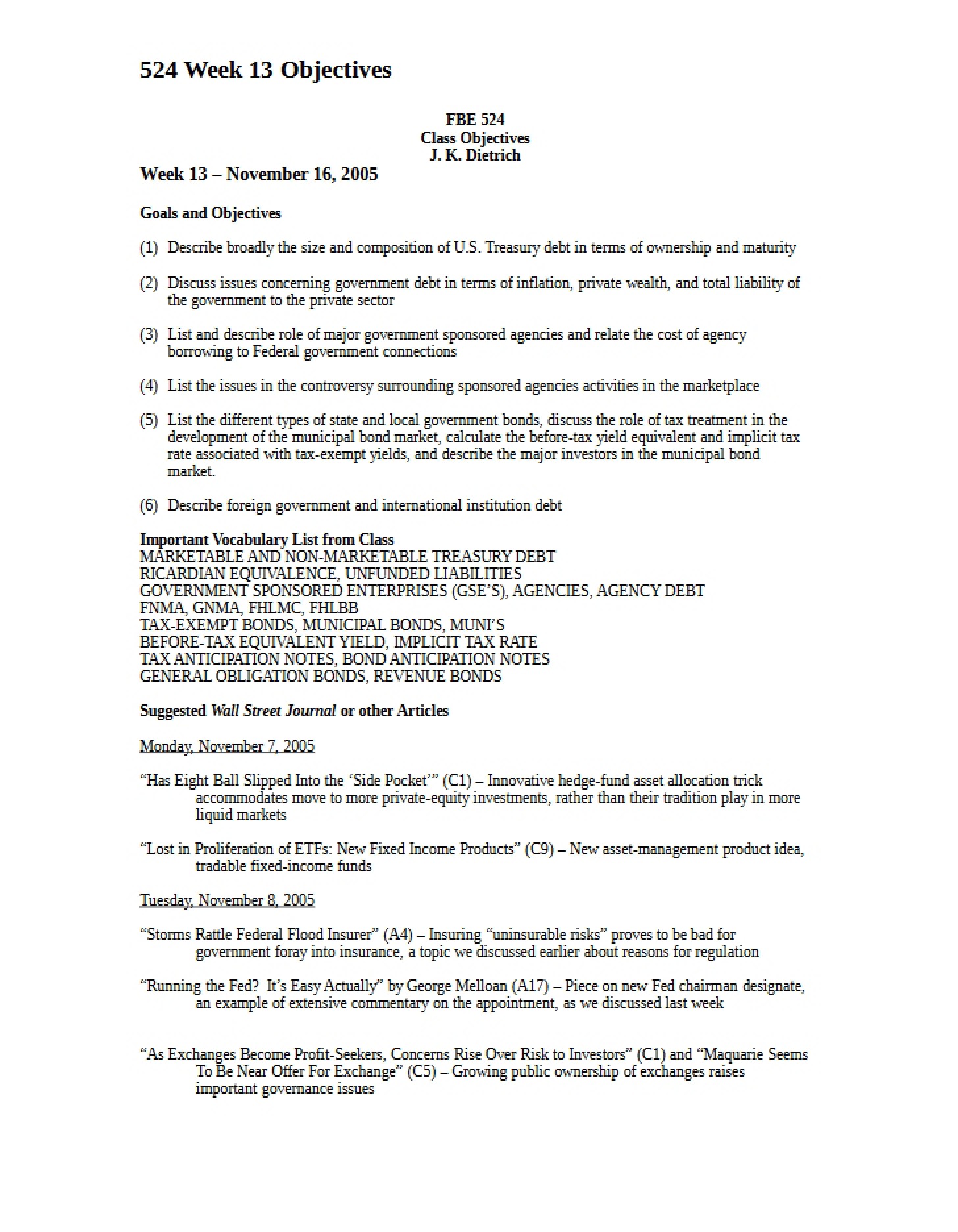 Objectives for Week Thirteen 2005