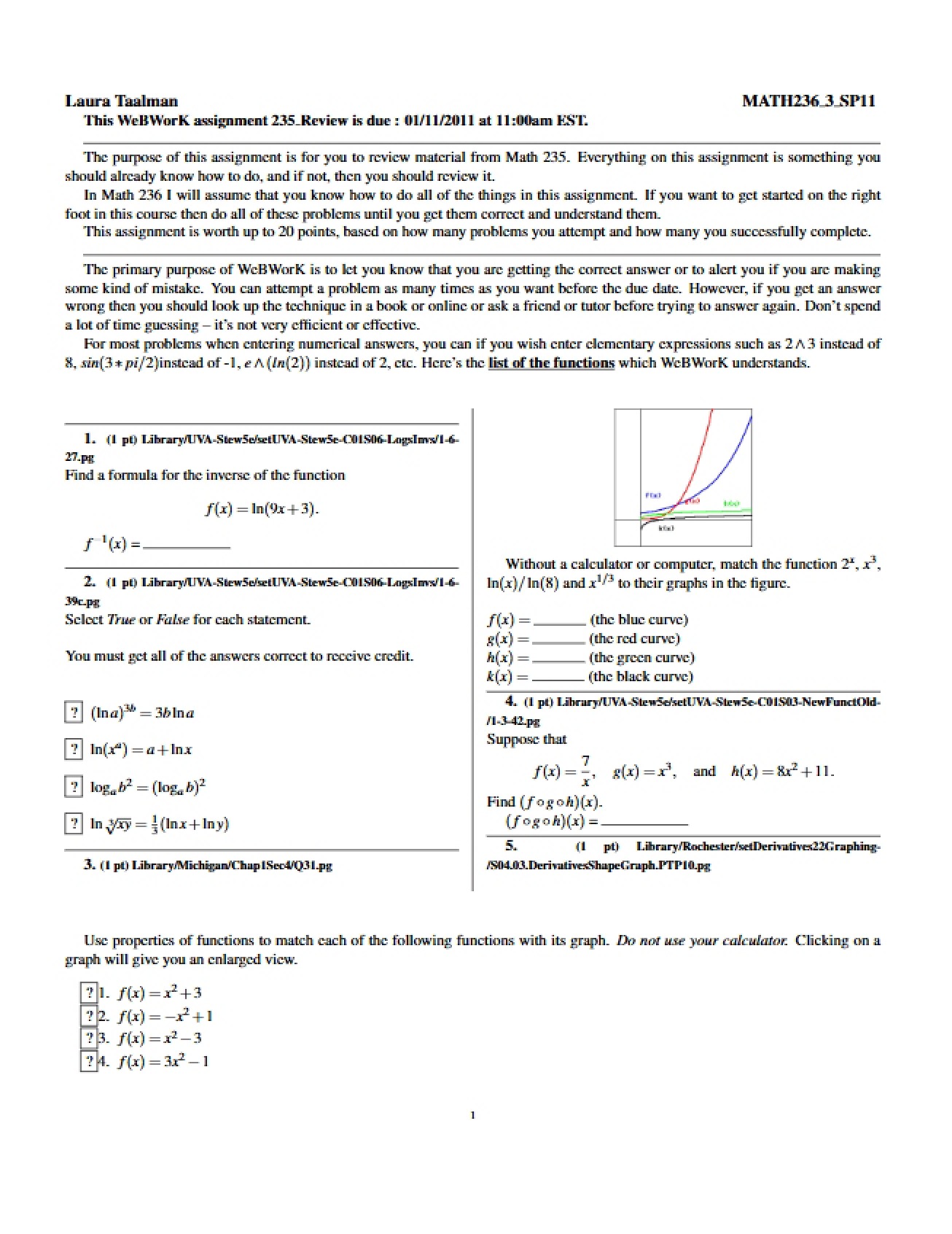 WebWork Review of a Previous Calculus Course