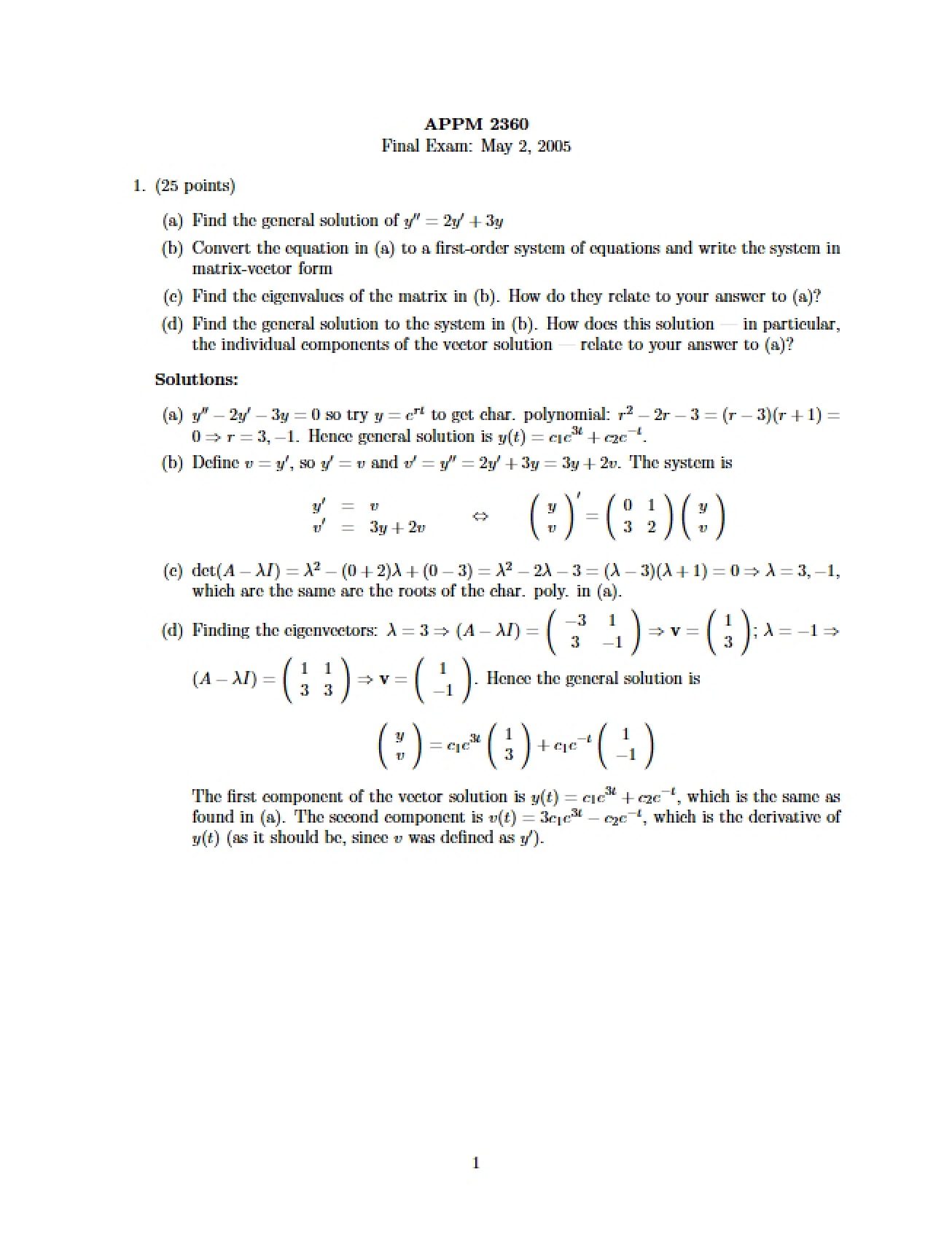 Answer Key for the First Final Exam in Differential Equations, Part H