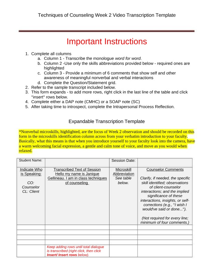 Techniques of Counseling Week 2 Video Transcription Form