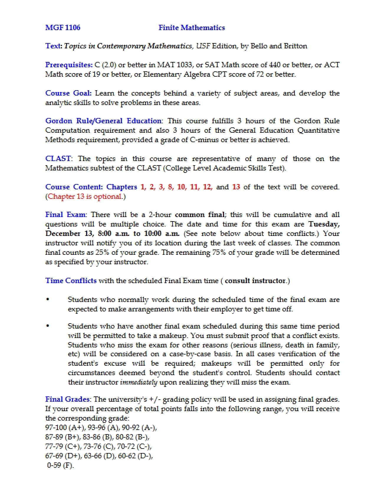 Syllabus for Course MGF 1106 - 2 Pages