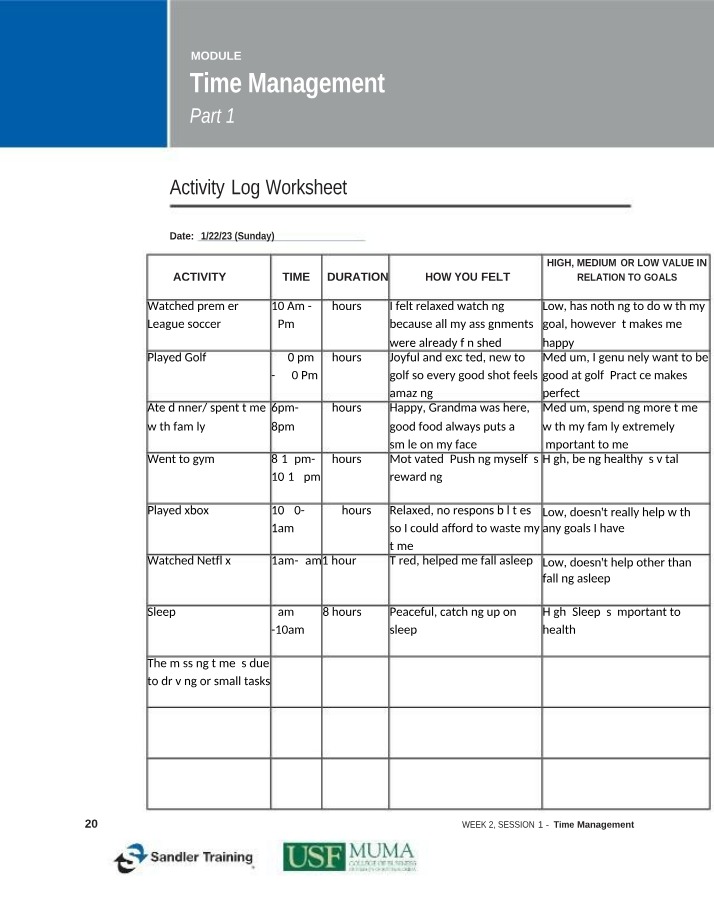 Worksheet for Activity Log