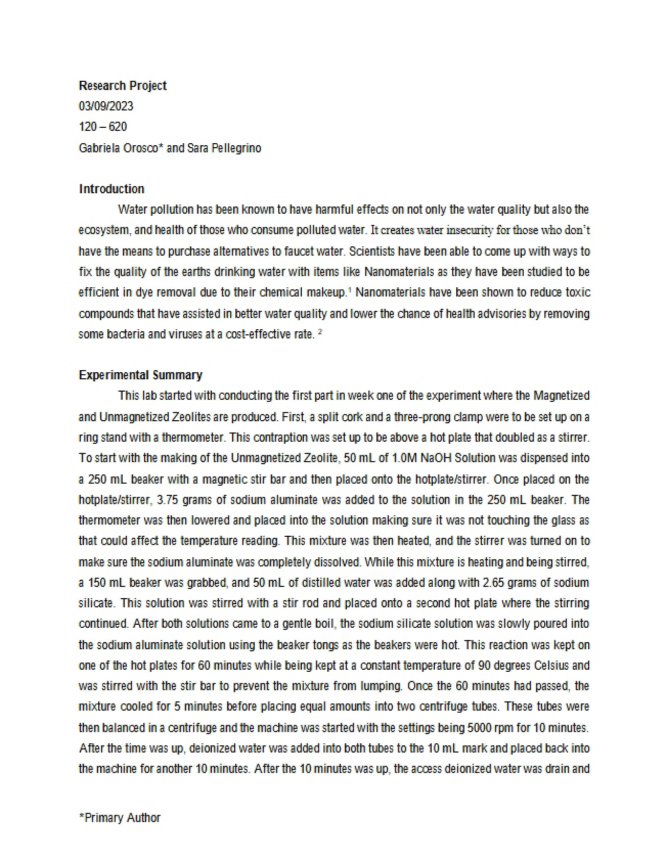 Laboratory Report for Fundamentals of Chemistry II