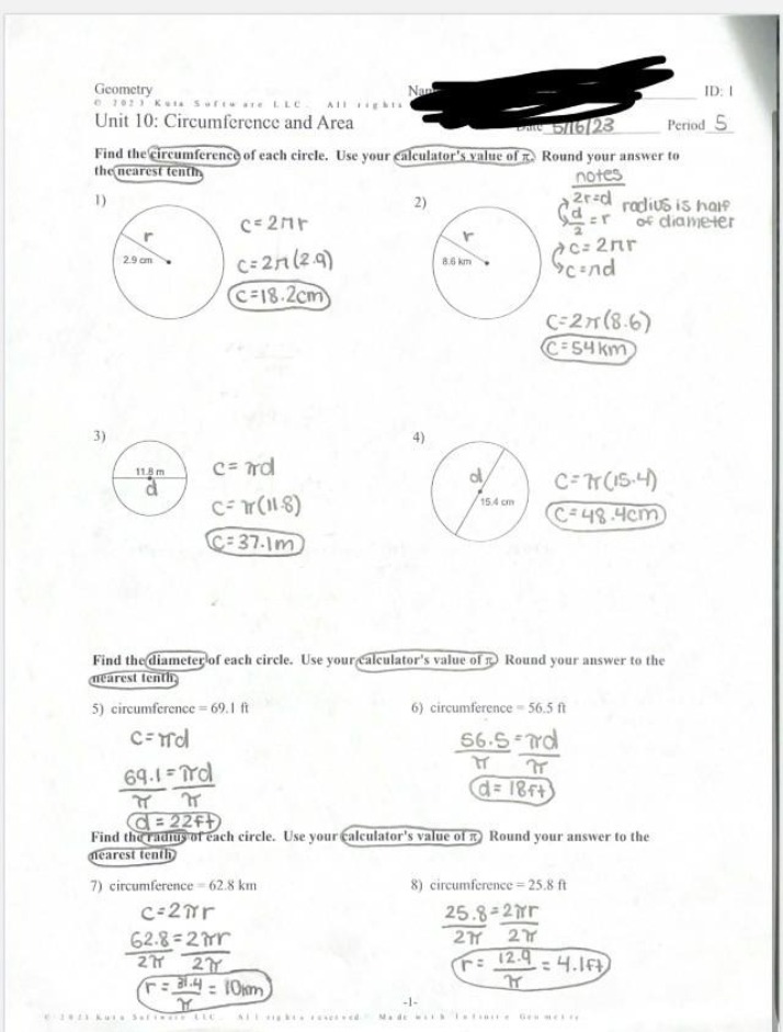 Circumference and Area Practice Problems - Unit 10