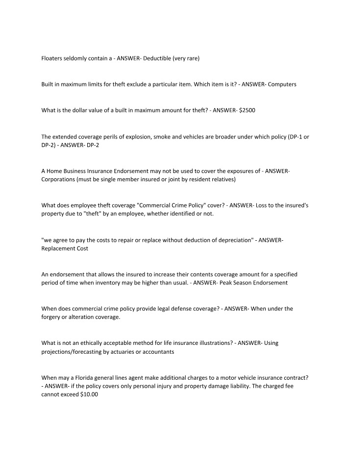 Questions and Answers for Insurance Exam