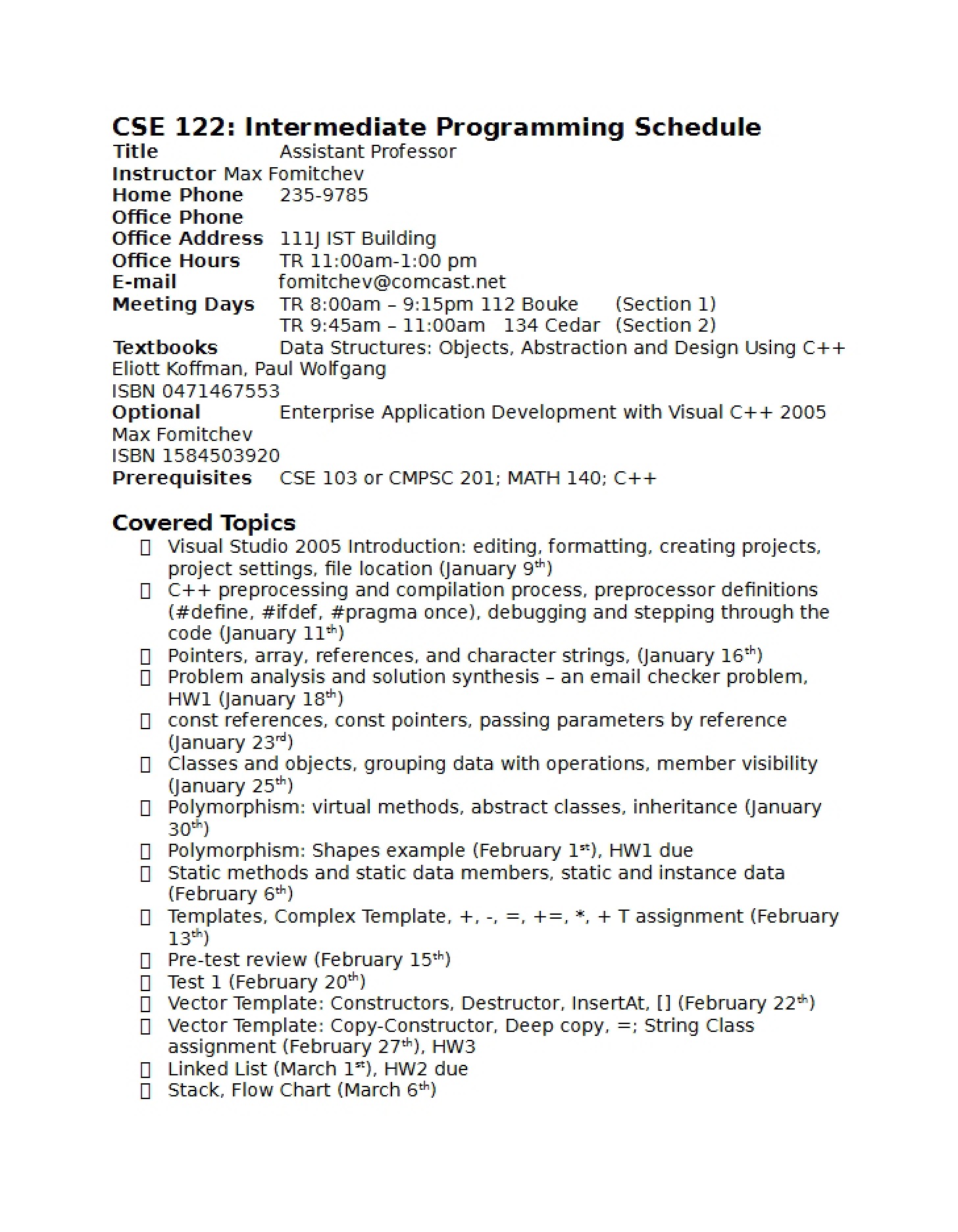 Timeline for Intermediate Programming Course