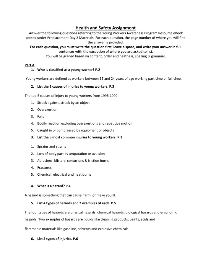 Young Workers Health and Safety Assignment