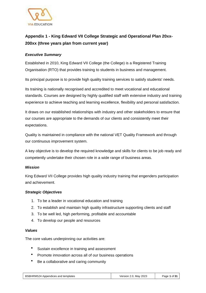 Strategic and Operational Plan 20xx-20xx - King Edward VII College