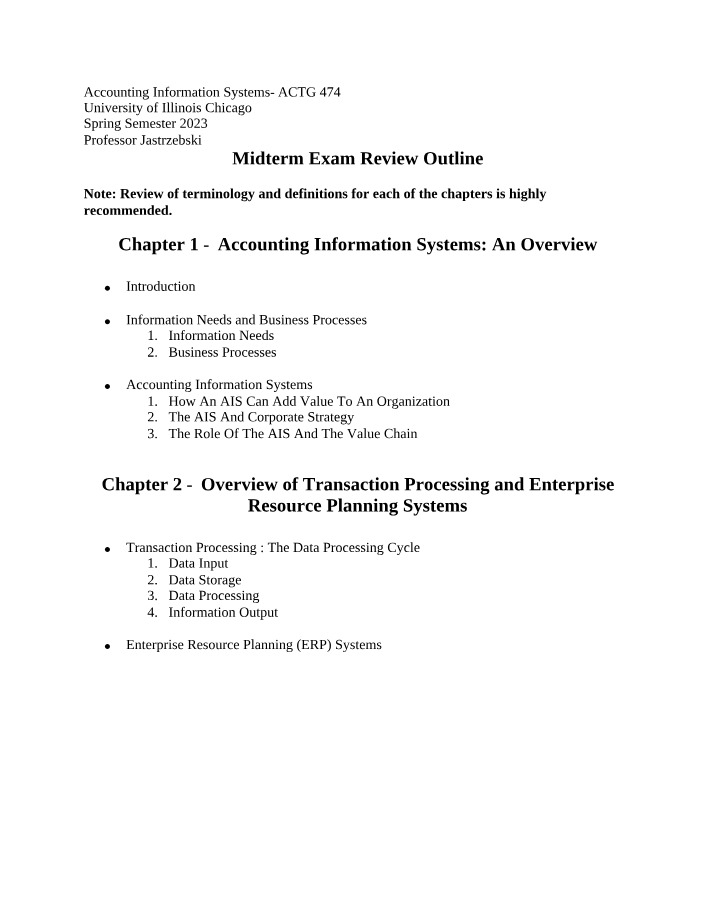 Midterm Exam Review Outline - ACTG 474