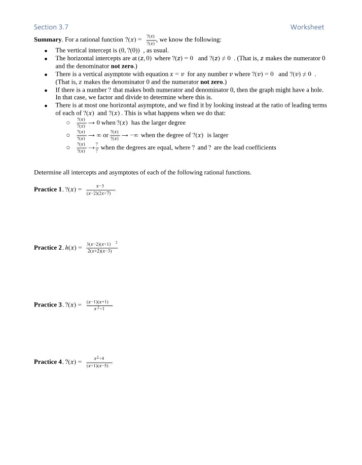 Worksheet on Rational Functions, Intercepts, and Asymptotes