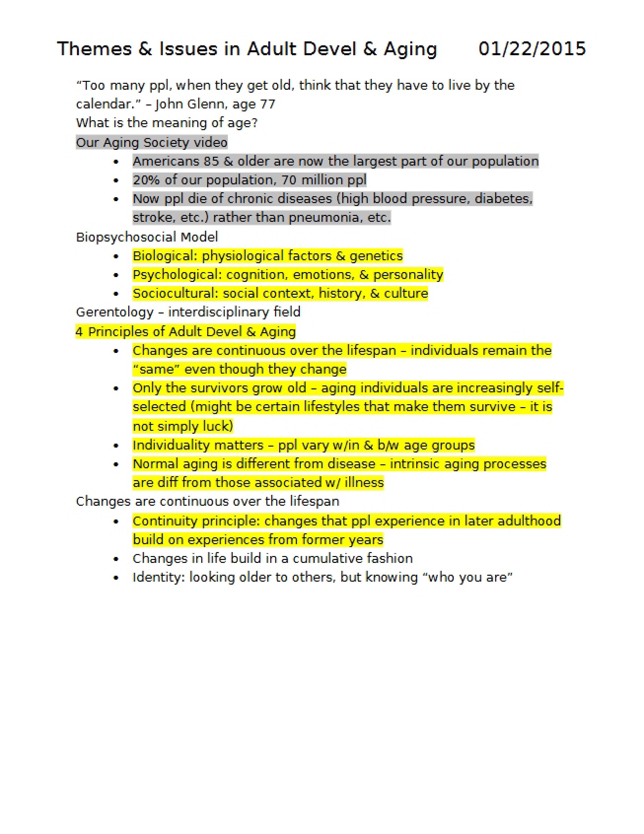 Exploration of Themes and Issues in Adult Development and Aging
